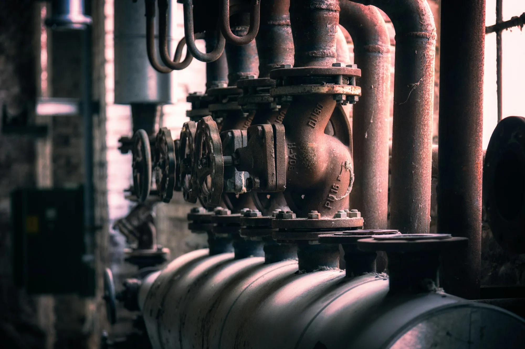 Gate valves with handwheels on a flanged steam header, pipework behind
